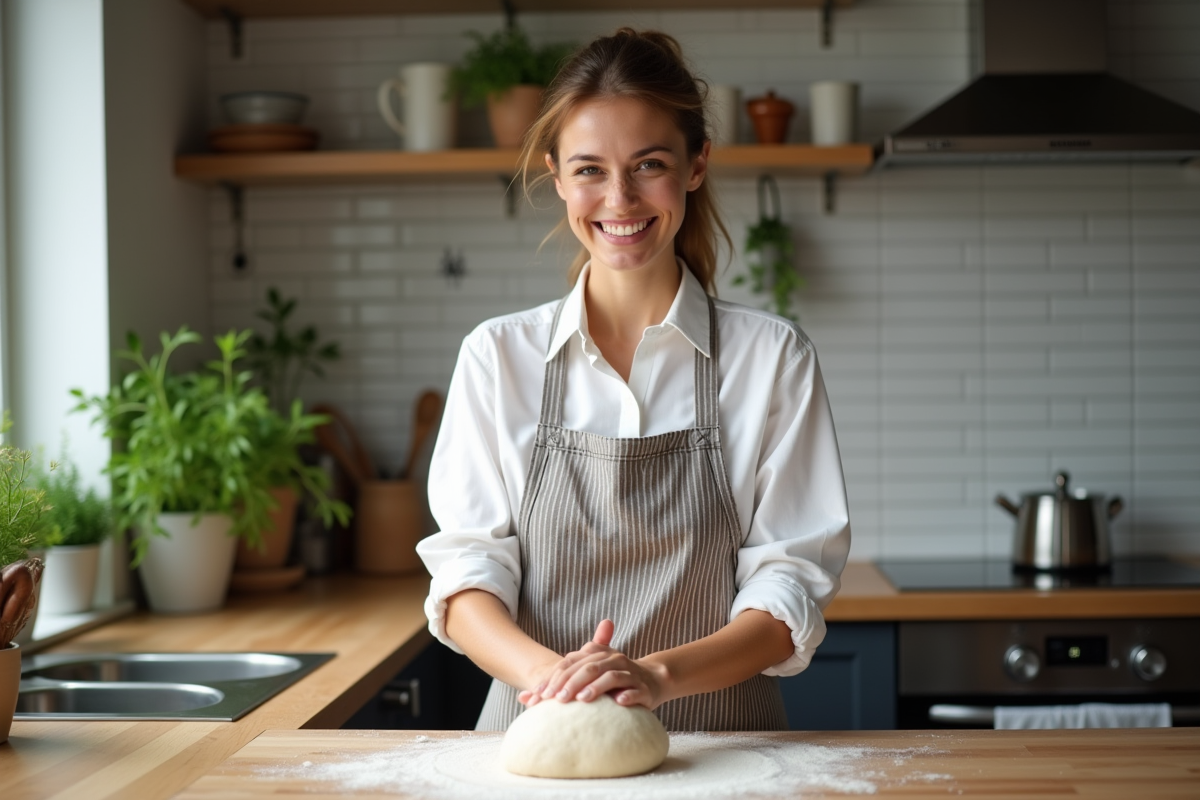 Femme en cuisine qui pétrit la pâte avec un tablier rayé