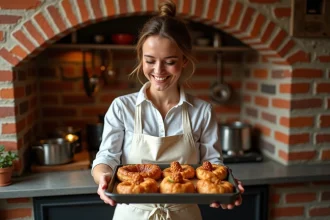 Femme en cuisine française préparant des canelés dorés