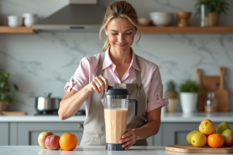 Femme versant un smoothie dans un verre dans une cuisine moderne