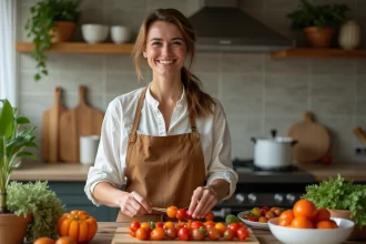 Femme souriante préparant des brochettes colorées en cuisine