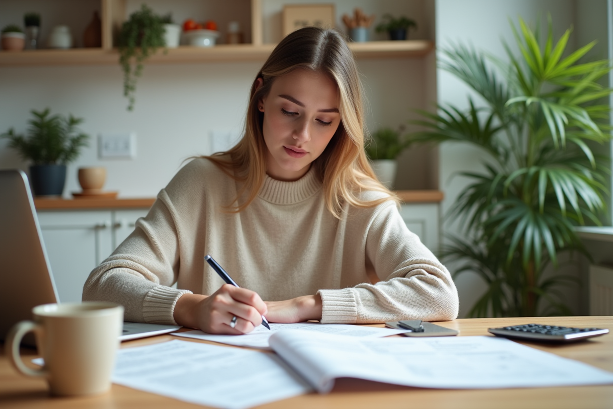 Jeune femme remplissant des formulaires fiscaux à la maison