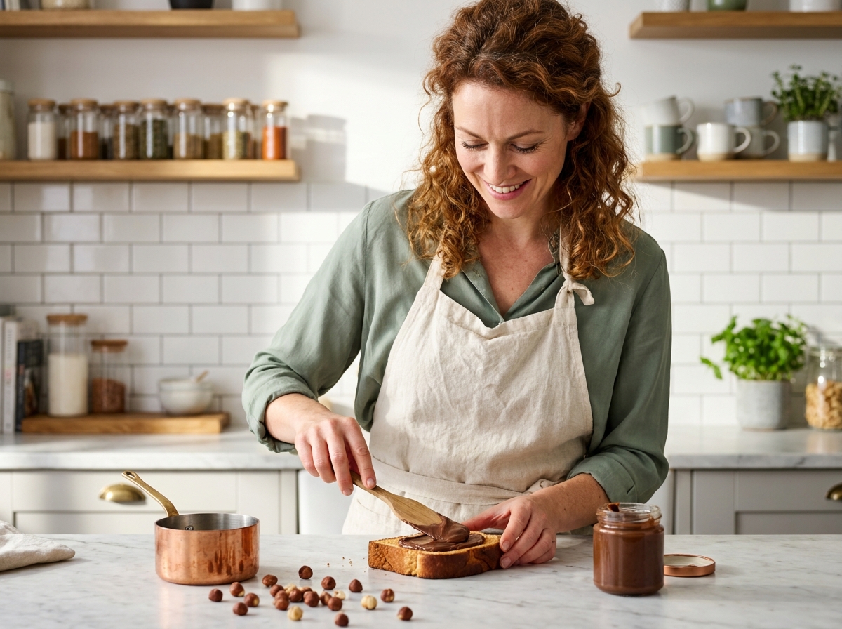 Femme préparant une pâte à tartiner maison à la noisette sur une tartine de brioche dans une cuisine moderne