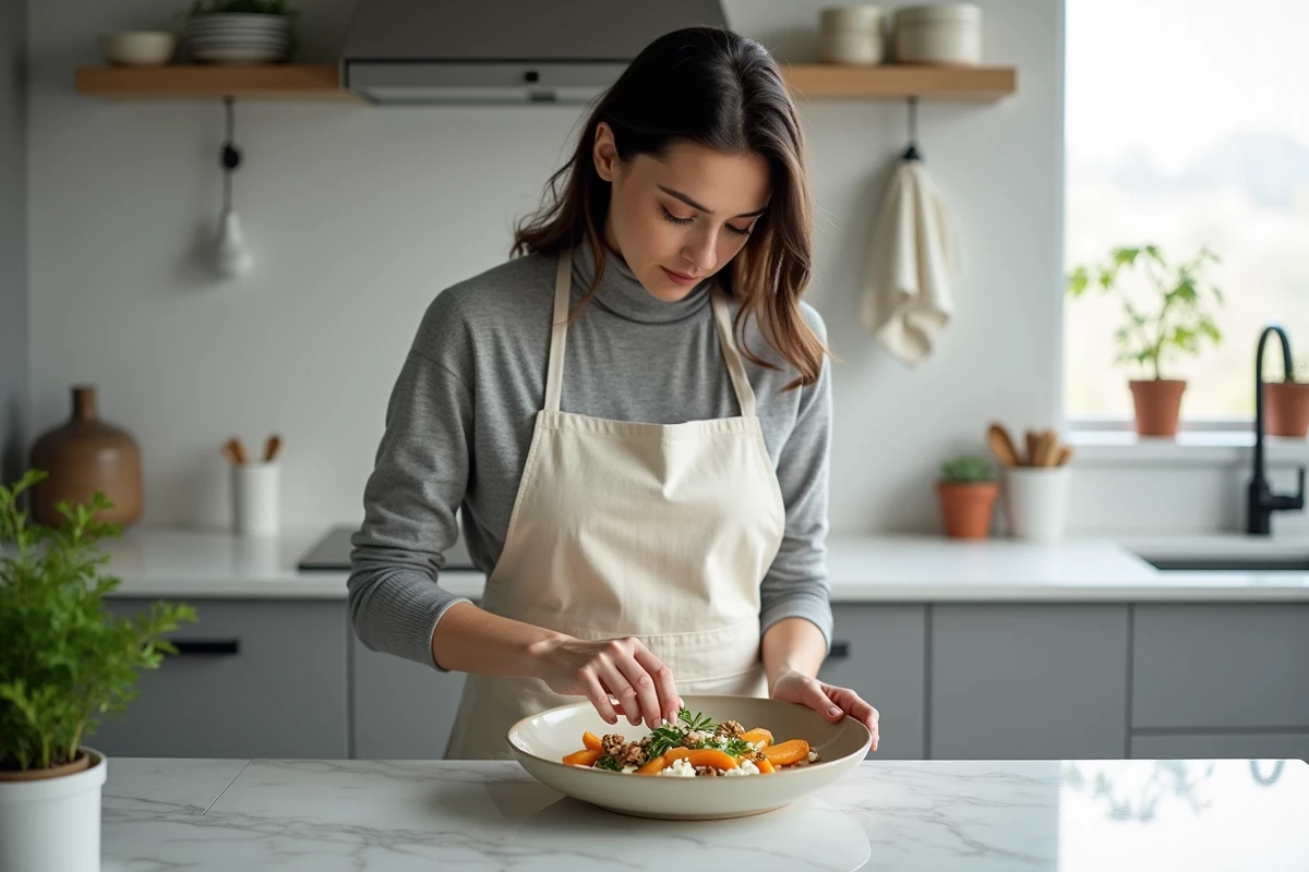 Femme préparant une salade salée au kaki avec feta et noix dans une cuisine scandinave