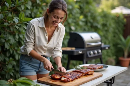 Femme souriante préparant un filet de porc mariné en extérieur