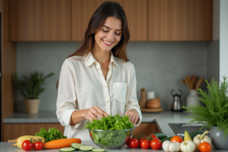 Jeune femme en blouse en lin prépare une salade fraîche dans la cuisine
