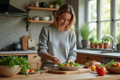 Jeune femme en cuisine préparant une salade végétale colorée