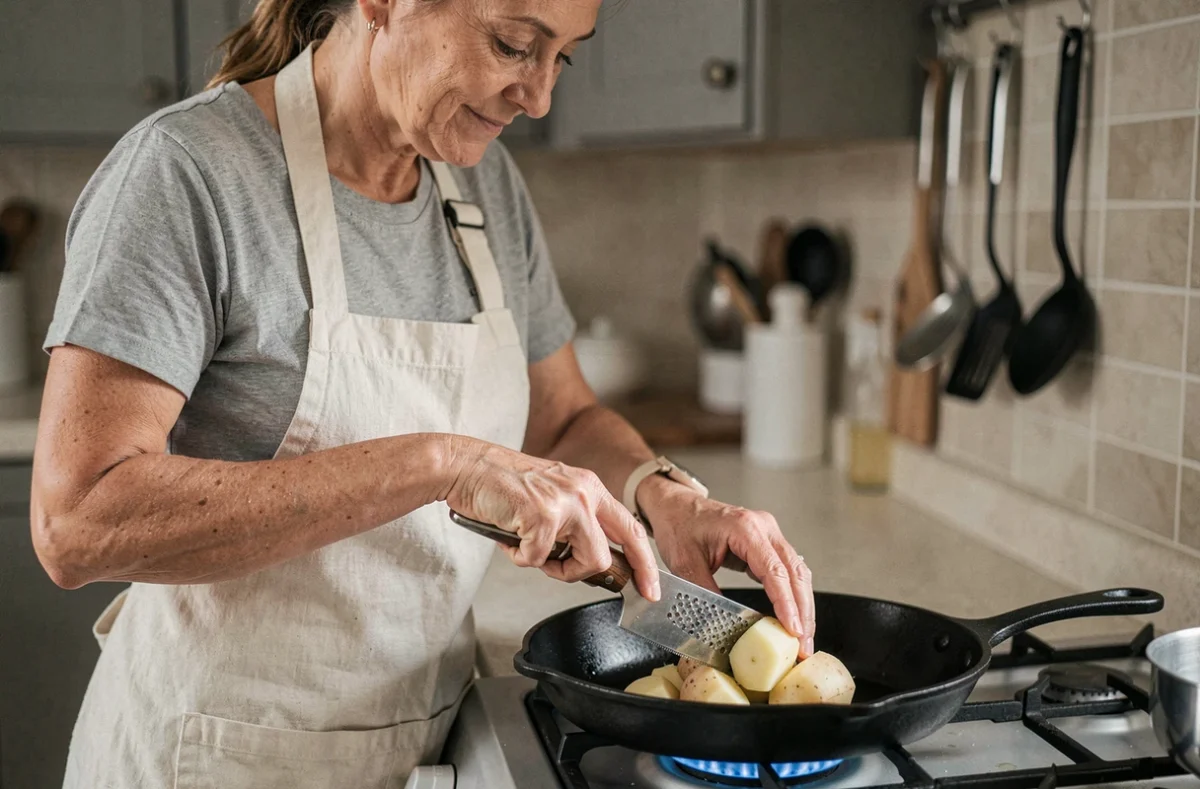 Femme râpant une pomme de terre crue directement dans une poêle en fonte sur la cuisinière, recette rapée express facile