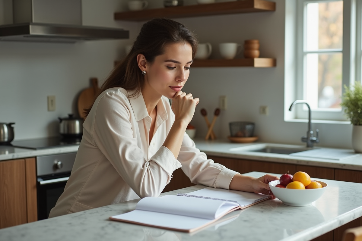 Femme en cuisine moderne pensant à ses choix alimentaires