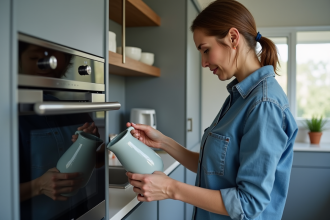 Femme versant de l'eau dans un four vapeur moderne
