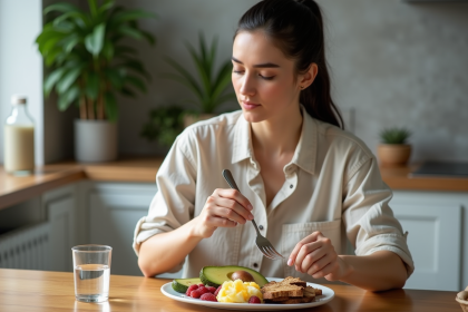 Femme préparant son premier repas après jeûne avec avocat et œufs