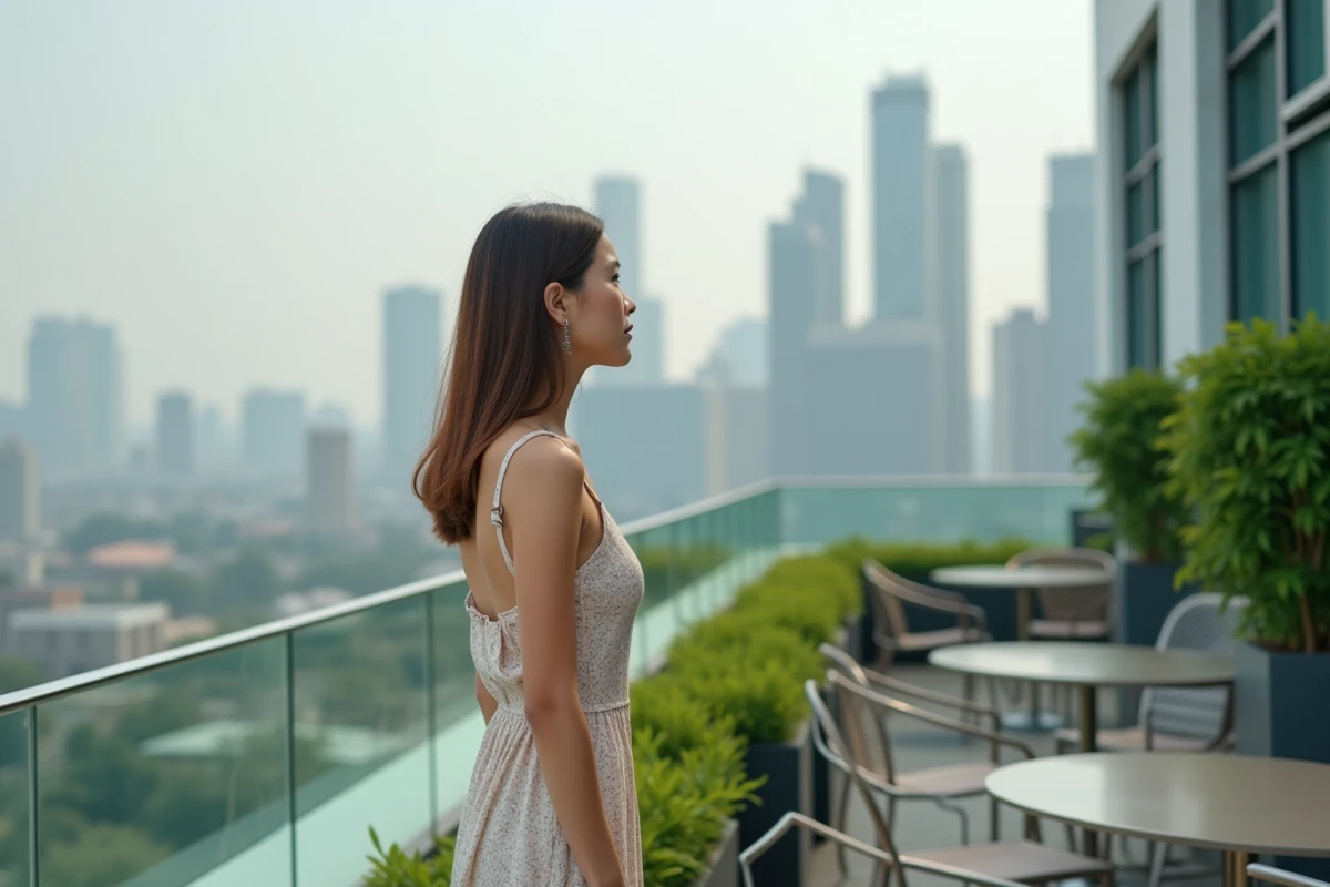 Jeune femme contemplant la ville depuis un rooftop moderne