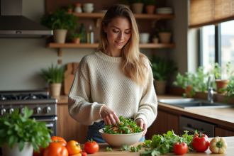 Femme préparant une salade colorée dans une cuisine chaleureuse