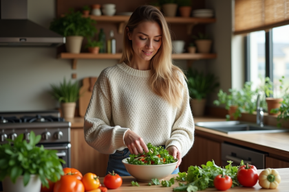 Femme préparant une salade colorée dans une cuisine chaleureuse