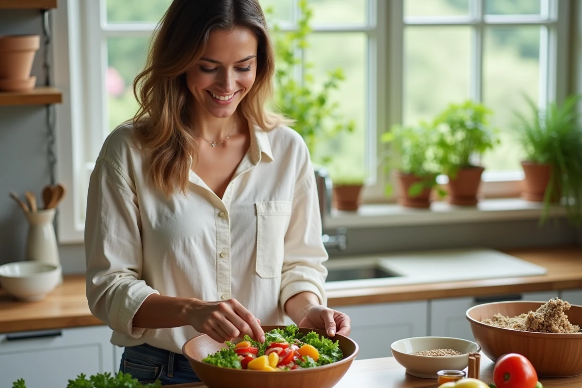 Femme préparant une salade colorée dans une cuisine lumineuse