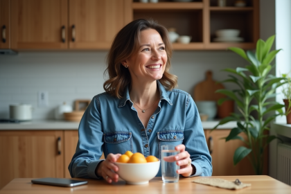 Femme souriante en denim sirotant de l'eau dans une cuisine chaleureuse