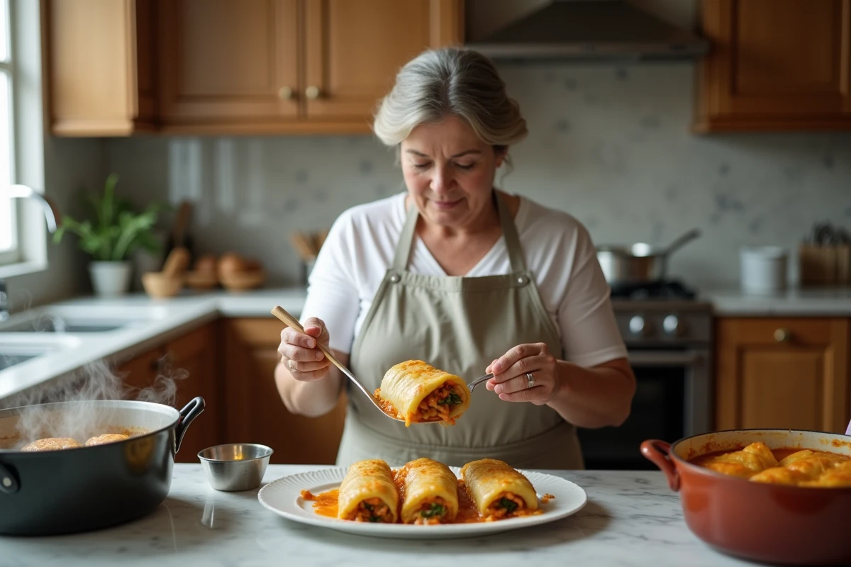 Femme en tablier servant un chou farci au four sur une assiette blanche dans une cuisine familiale économique