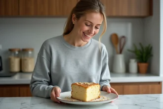 Femme servant un gâteau maison à l'avoine et fromage blanc