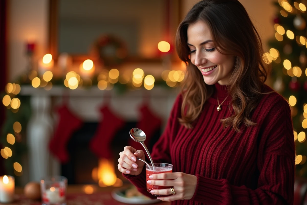 Femme souriante servant du punch de Noël lors d'une fête de fin d'année dans un intérieur décoré avec sapin et guirlandes
