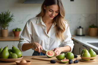 Femme jeune coupant une goyave dans une cuisine lumineuse