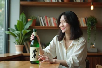 Jeune femme souriante avec bouteille de soju dans un café