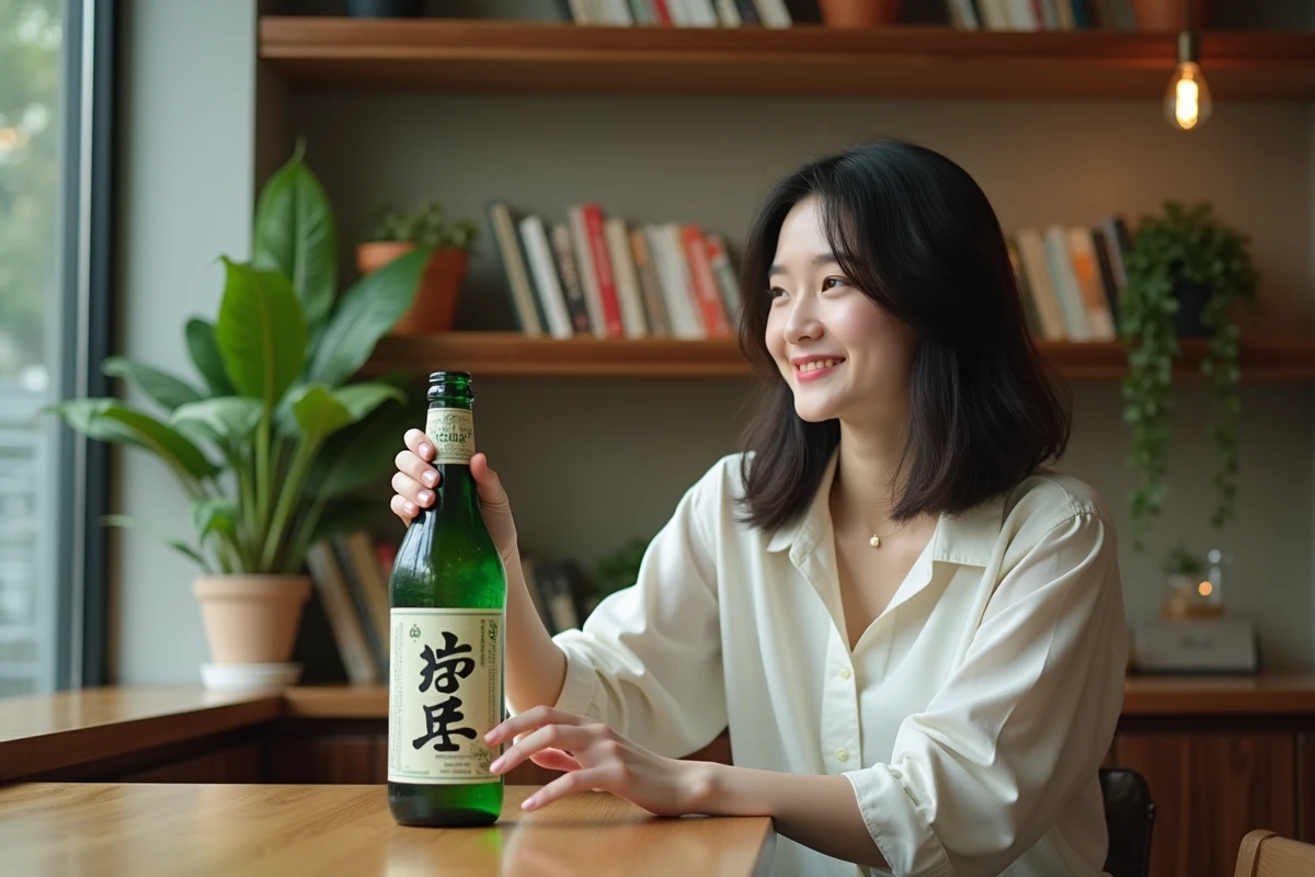 Jeune femme souriante avec bouteille de soju dans un café
