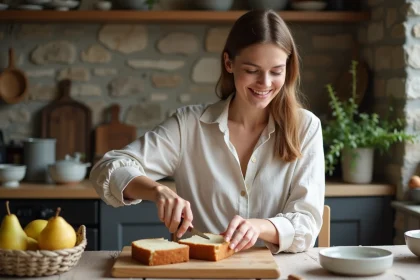 Femme souriante tranche un gâteau au yaourt et poire