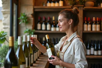 Femme française examine bouteille de vin Loire Sauvignon