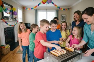 Groupe d'enfants et adultes autour d'un chien chaud à la fête