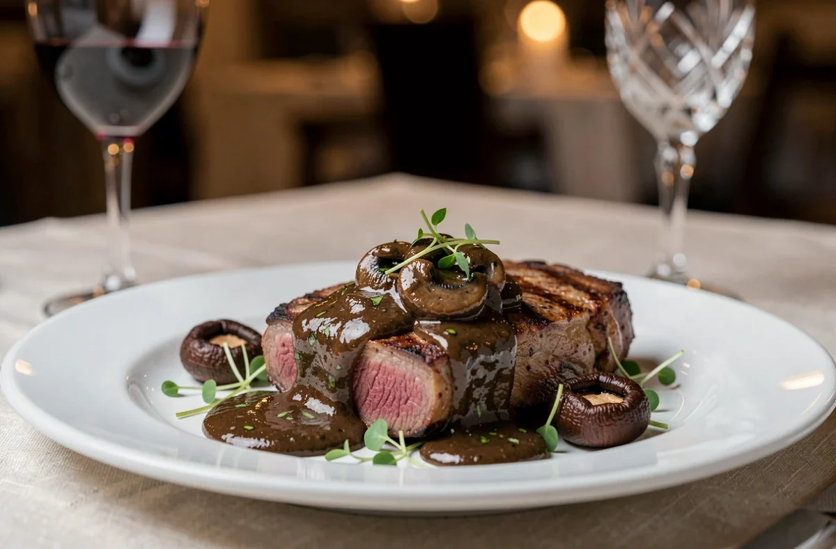 Filet de boeuf nappé d'une sauce aux cèpes sans crème dressé sur assiette dans un restaurant gastronomique