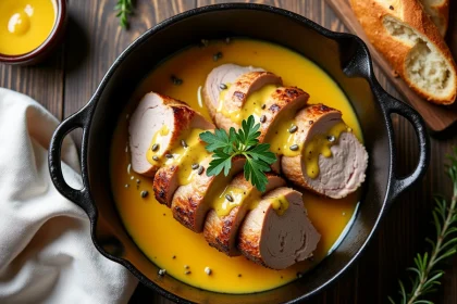 Filet mignon de porc en cocotte avec sauce moutarde crémeuse servi sur une table en chêne rustique