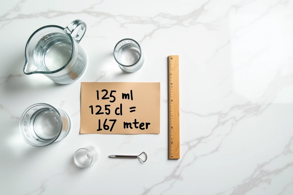 Vue de dessus d'une table avec carafe graduée, béchers en verre et note manuscrite indiquant la conversion 12,5 cl en 125 ml