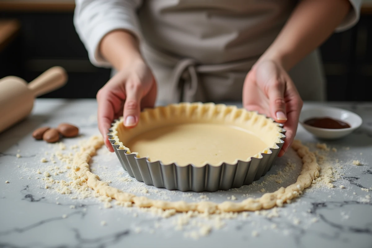 Chef pâtissier fonçant une pâte sablée maison dans un moule à tarte cannelé sur plan de travail en marbre fariné