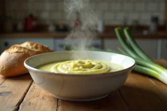 Fondue de poireaux maison servie dans un bol en céramique blanche sur une table en bois rustique avec du pain croustillant
