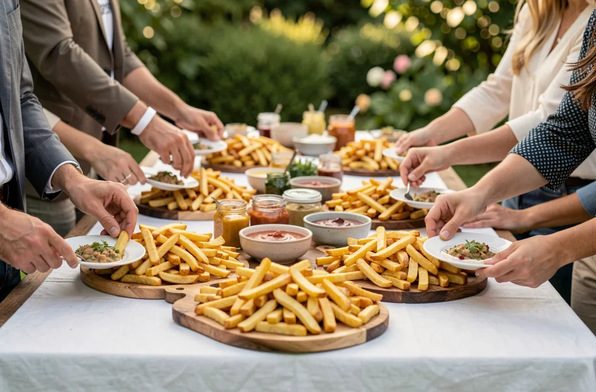 Grande tablée conviviale en extérieur avec des plateaux de frites partagés lors d'un buffet de garden party