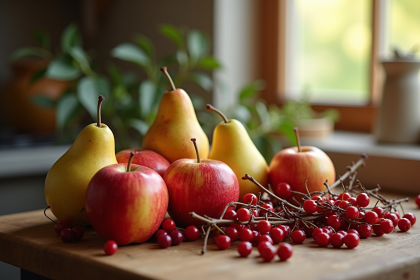 Pommes poires et baies de sureau sur plan de travail rustique