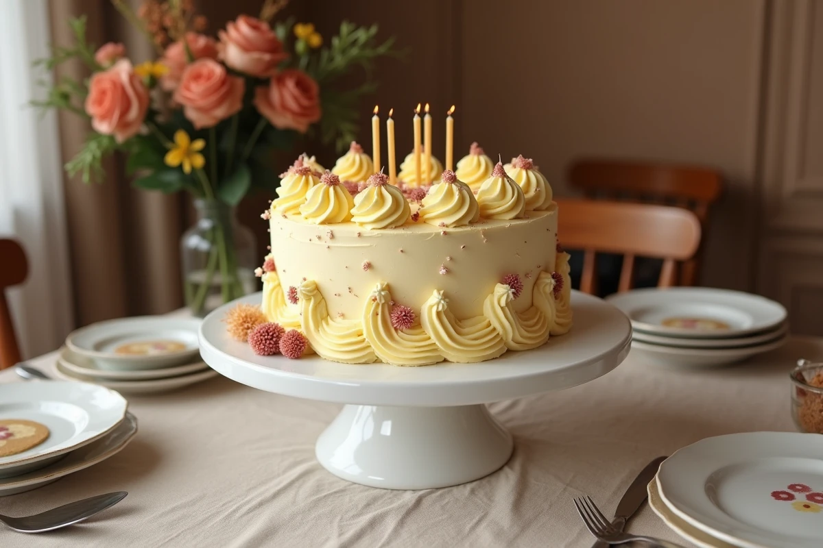 Gâteau d'anniversaire à base de pain de gênes décoré de crème au beurre, feuilles d'or et fleurs séchées sur un présentoir en céramique blanche