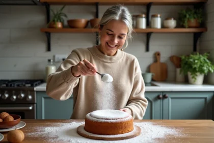 Femme saupoudrant un gâteau aux amandes dans une cuisine chaleureuse