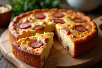 Gâteau au chorizo et chèvre frais tranché sur planche en bois