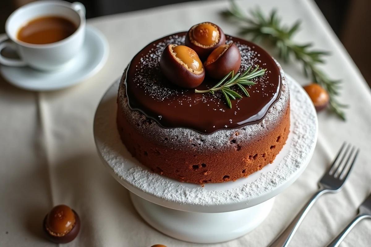 Vue de dessus d'un gâteau marron entier glacé au chocolat et décoré de marrons glacés sur un présentoir blanc en céramique