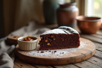 Gâteau moelleux au marron coupé en tranche sur une planche en bois rustique, saupoudré de sucre glace, avec une ramekin de crème de marron à côté