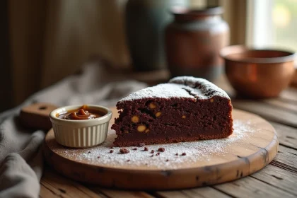 Gâteau moelleux au marron coupé en tranche sur une planche en bois rustique, saupoudré de sucre glace, avec une ramekin de crème de marron à côté