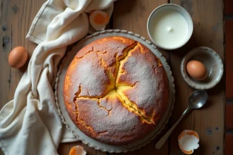 Gâteau au yaourt moelleux fait maison posé sur une table en bois rustique, vu de dessus, dans une cuisine de grand-mère