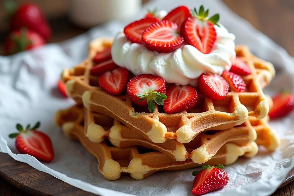 Gaufres empilées avec fraises et chantilly en gros plan