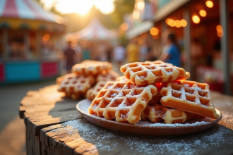 Gaufres de fête foraine dorées saupoudrées de sucre glace