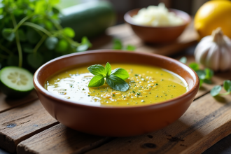 Verrine de gazpacho de courgette servi dans un bol rustique