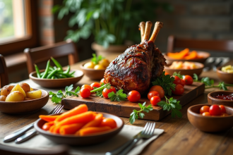 Gigot d'agneau rôti sur table rustique avec légumes colorés