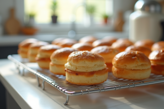 Choux à la crème fraîchement cuits sur un grille en cuisine lumineuse