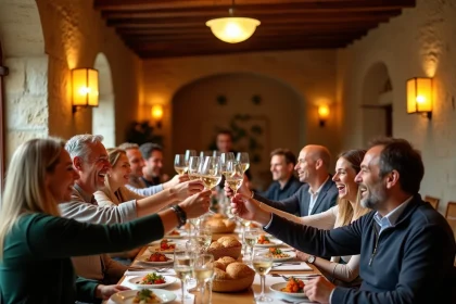 Grand groupe d'adultes attablés dans un restaurant au cadre médiéval à Carcassonne, portant un toast lors d'un repas festif en centre ville