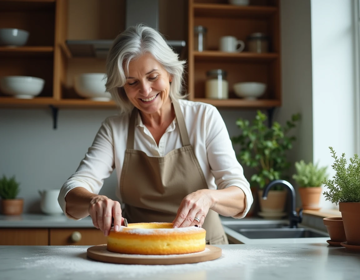 Grand-mère coupant une tranche de gâteau au yaourt moelleux dans sa cuisine, tablier fariné, ambiance chaleureuse et authentique