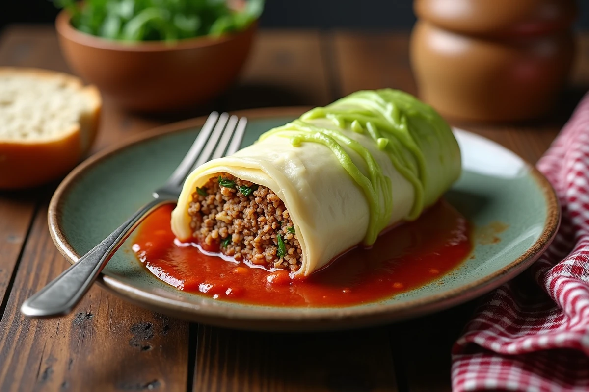 Gros plan d'un chou farci coupé en deux sur une assiette rustique révélant la farce à la viande et au riz avec sauce tomate